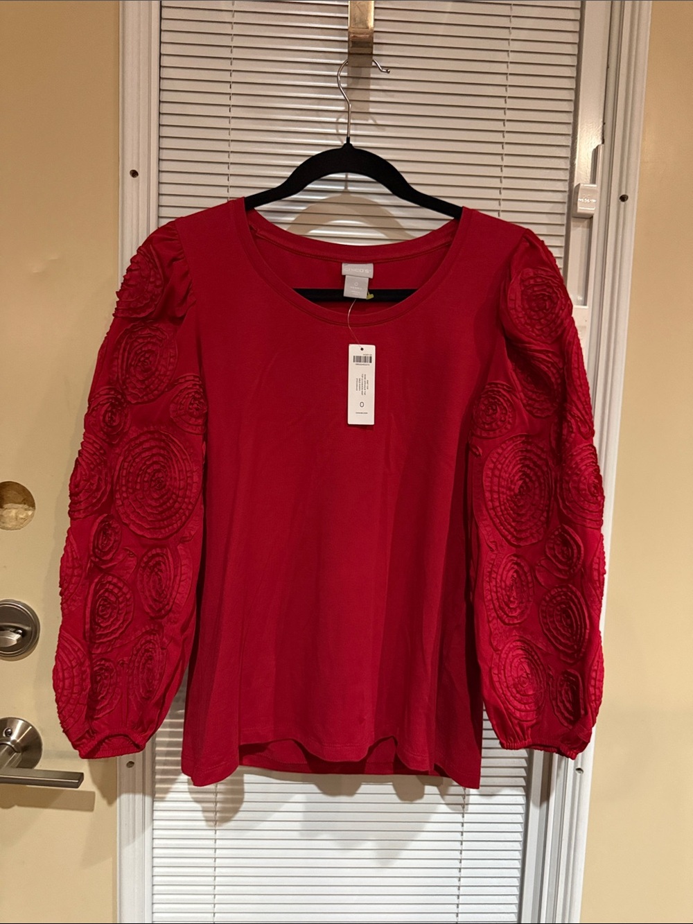 Chico's Red Puff-Sleeve Blouse with Rosette Sleeves